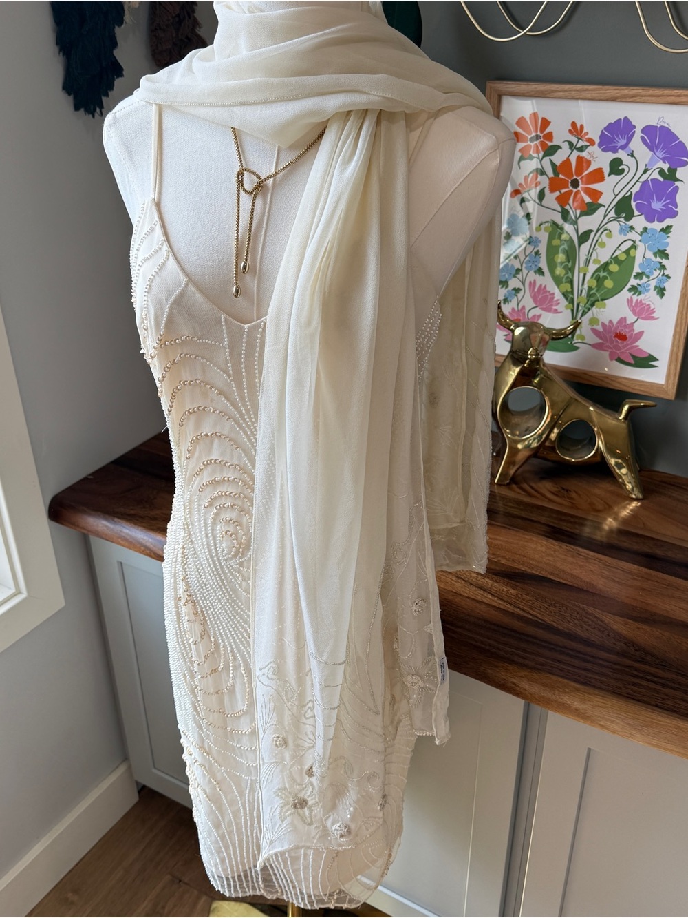 Basix II Ivory Beaded Formal Midi Dress with Matching Shawl Size 6 - Picture 7 of 11